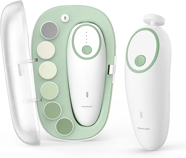 Momcozy Baby Nail File Electric, Gentle Baby Nail Trimmer Electric, Baby Nail Clipper with Night Light, 7 Grinding Head Replacement Pads, Green