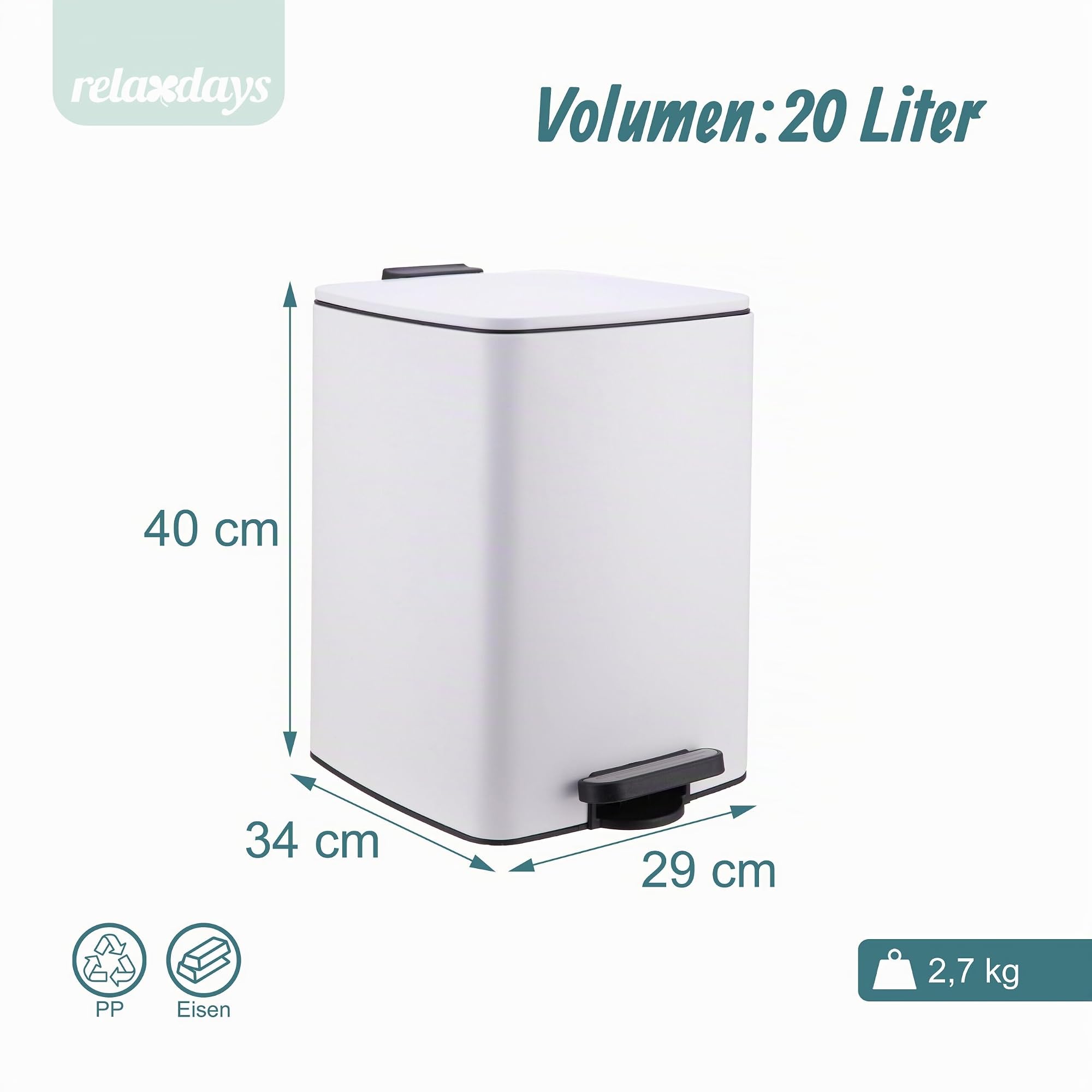 Relaxdays Mülleimer Küche, 20 Liter, Absenkautomatik, weiß