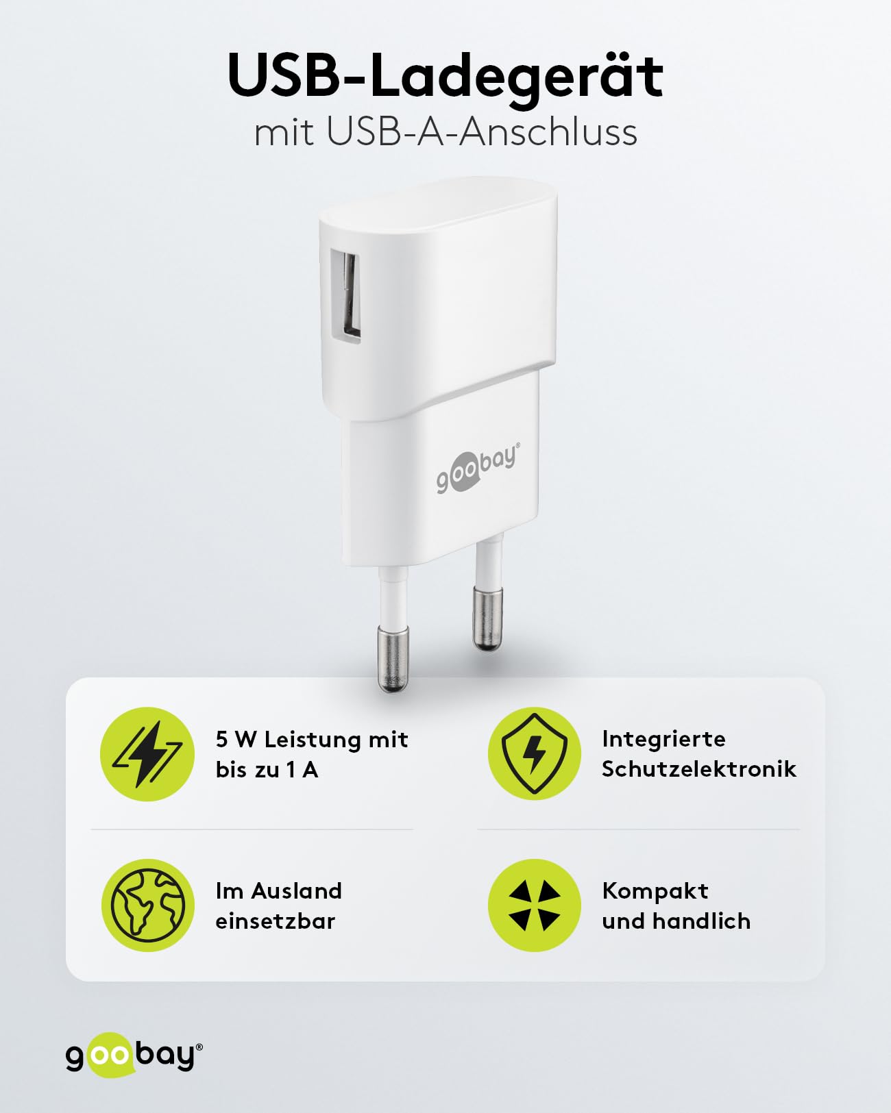 Goobay 44948 USB Power Supply Adapter for 1 A (5W) Socket/USB Power Supply with Side USB Input/for Smartphone Charging Cable/Power Plug/Plug for USB Charging Cable/Socket Adapter/White