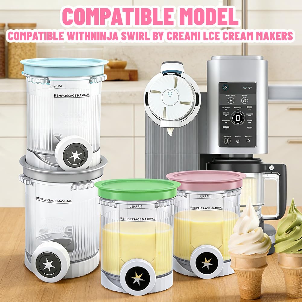 Lot de 4 récipients pour Ninja Swirl Creami 480 ml, pour série NC700 NC701EU, sans BPA, passent au lave-vaisselle, récipients à crème glacée, avec couvercle, compatibles avec les accessoires de