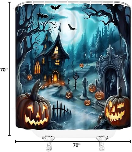 Miniatura 7 de UOZXOML Cortina de ducha de Halloween, noche aterradora, luna, gótica, casa encantada, calabaza, murciélago, bosque, patio, cortinas de baño con