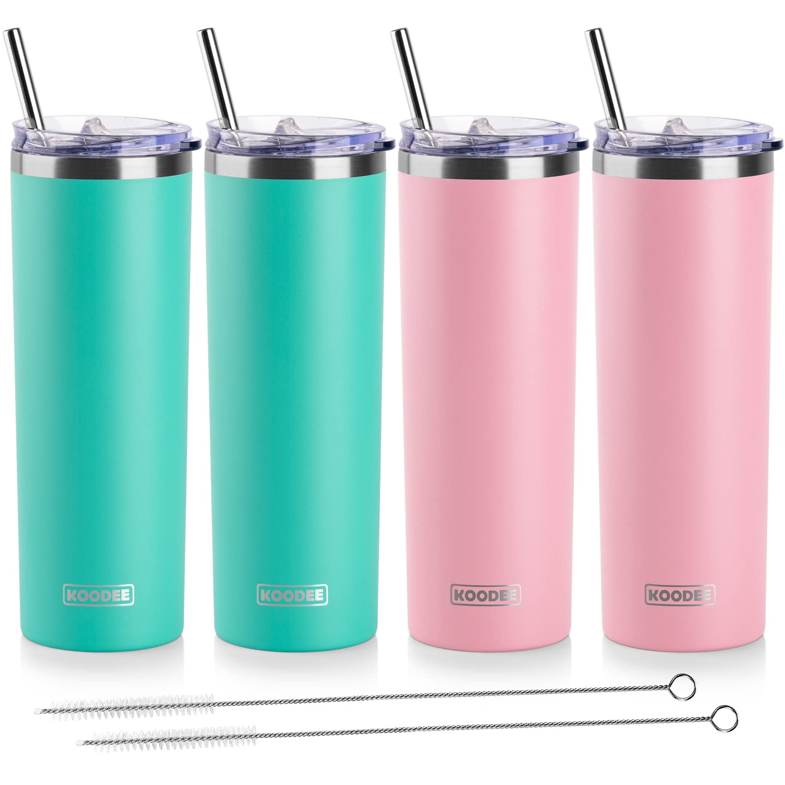 koodee 20 oz Stainless Steel Skinny Tumbler(4 Pack) Double Wall Insulated Water Tumbler Cup with Lids, Straws and Straw Brushe（Teal/2 Pack, Pink/2 Pack）