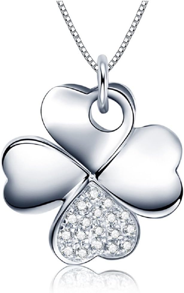 Heart Shaped Stack Four Leaf Clover 925 Sterling Silver Necklace 18" Chain Women Girl Pendant Necklaces Lucky (CZ Clover)