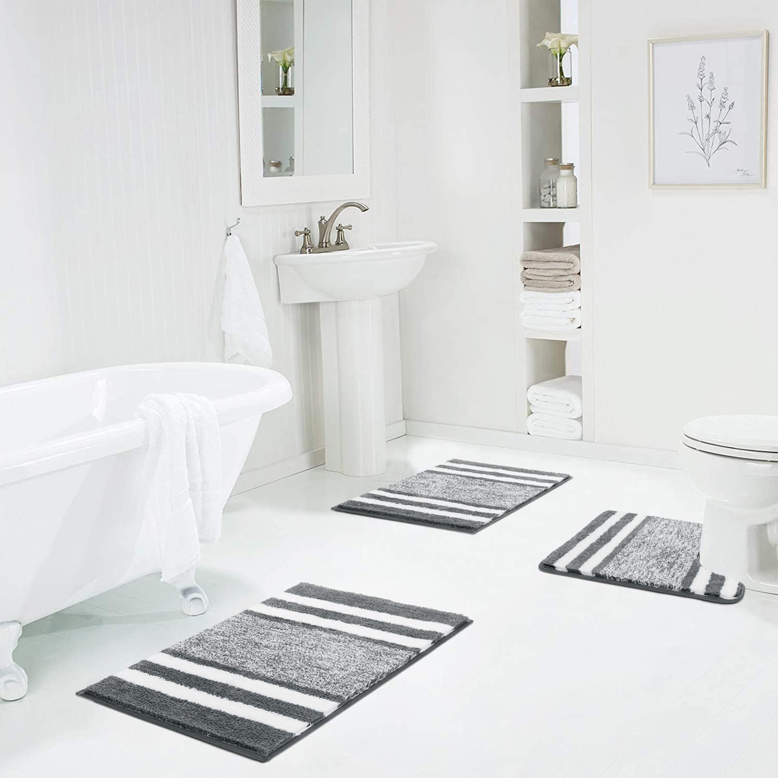 Pauwer Ultra Dicker Badteppich Set 3 Teilig Weich Hochflor Duschteppich Badematte Toilettenmatte Maschinenwaschbar rutschfeste WC Teppich Set Badvorleger Badezimmerteppich, Dunkelgrau