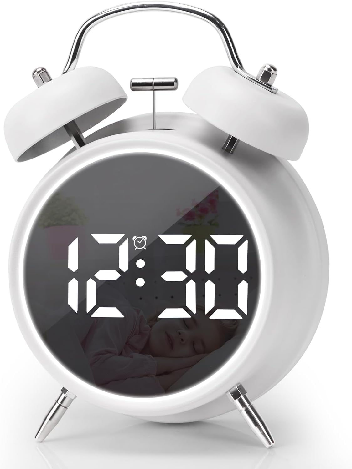 EVVIX Twin Bell Alarm Clock - Extra Loud Digital Clock With Night Light, Table Mirror, Heavy Slippers - Ideal for Students (White)