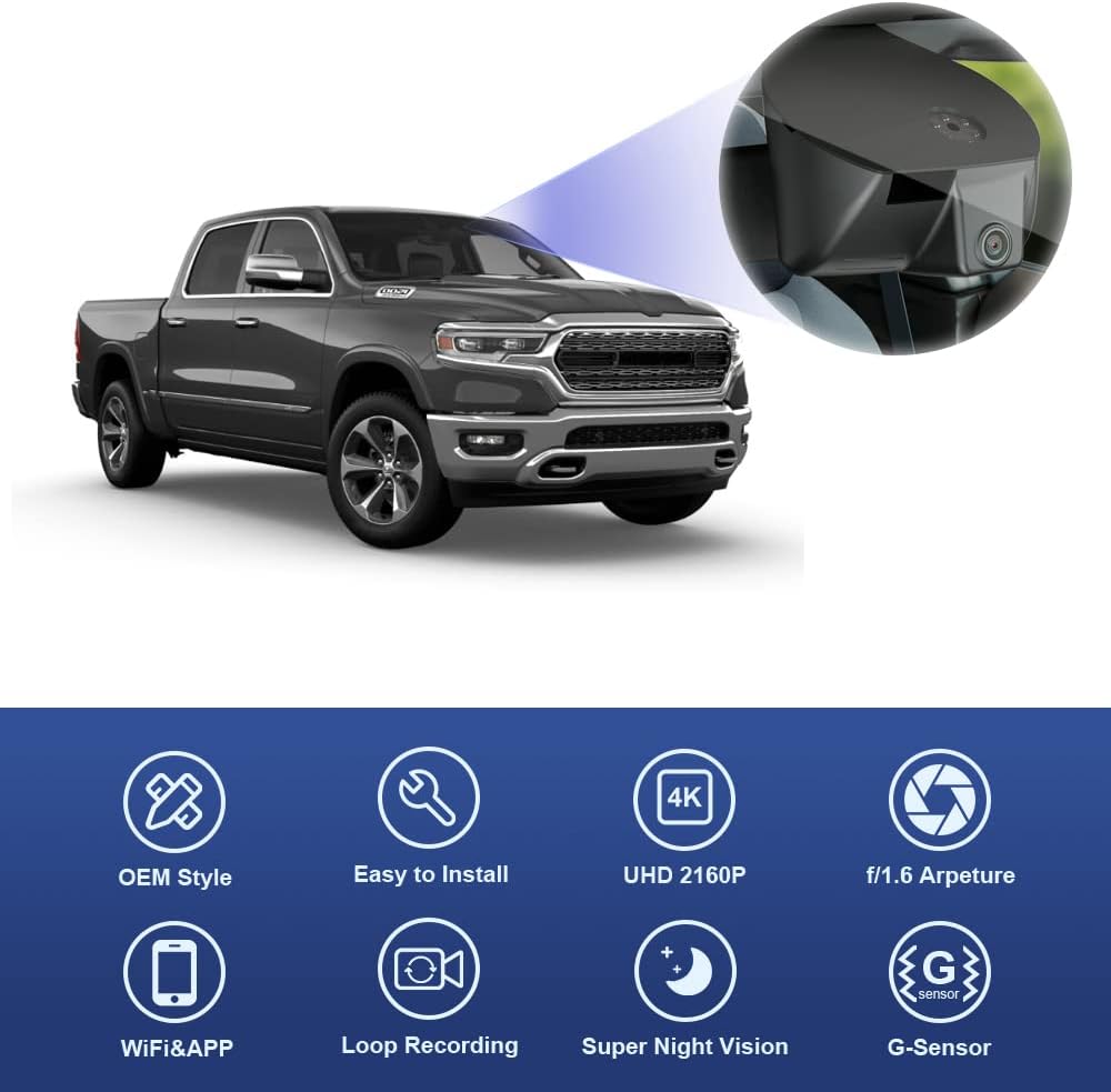 Fitcamx 4K Dash Cam Suitable for RAM 1500 TRX Classic (Model A) 2019 2020 2021 2022 2023 2024 Rebel Big Horn Laramie, OEM Look, UHD 2160P Video, WiFi&APP, Loop Recording G-Sensor, Plug&Play, 64GB Card
