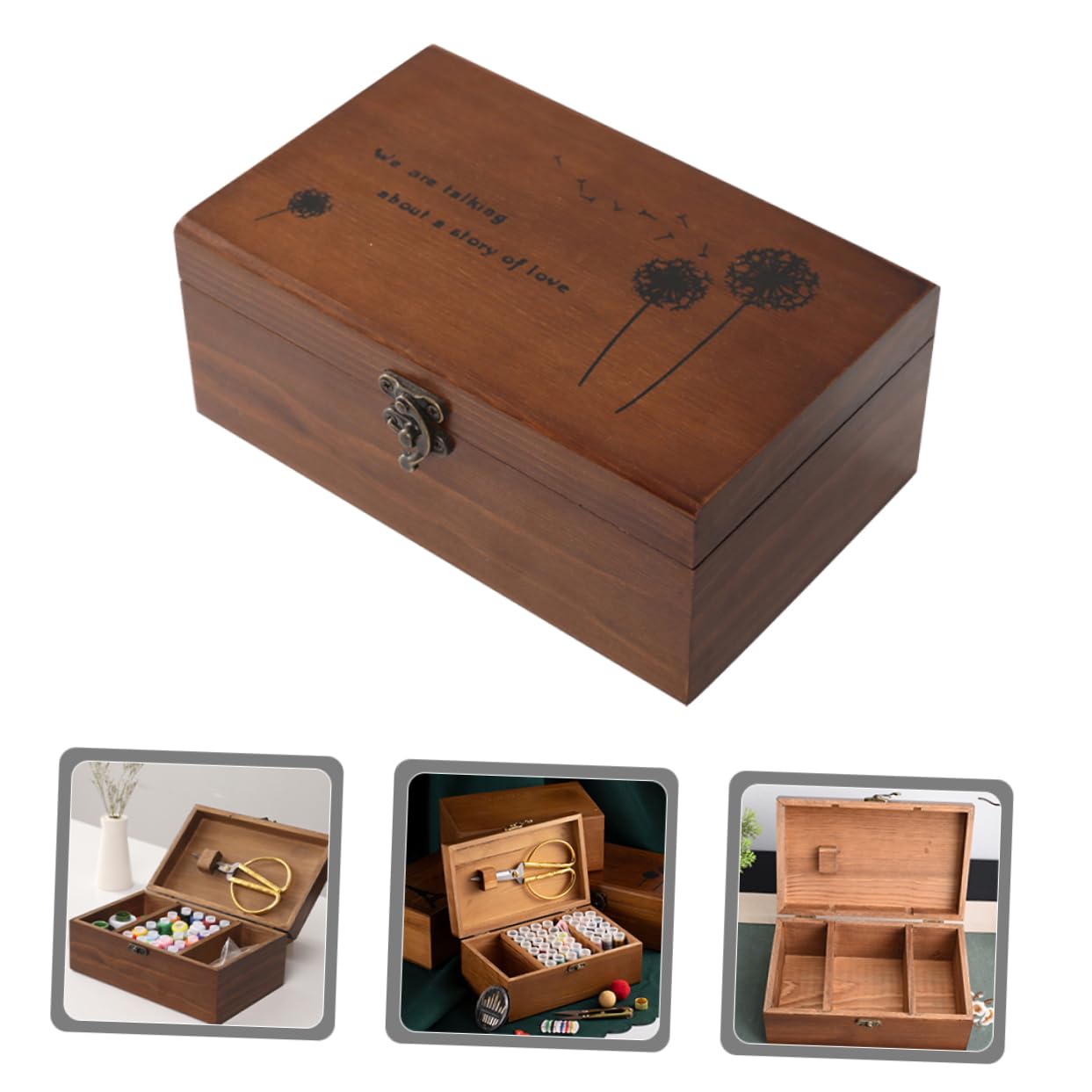 Caja de Alfileres de Costura Portátil de Madera Marrón