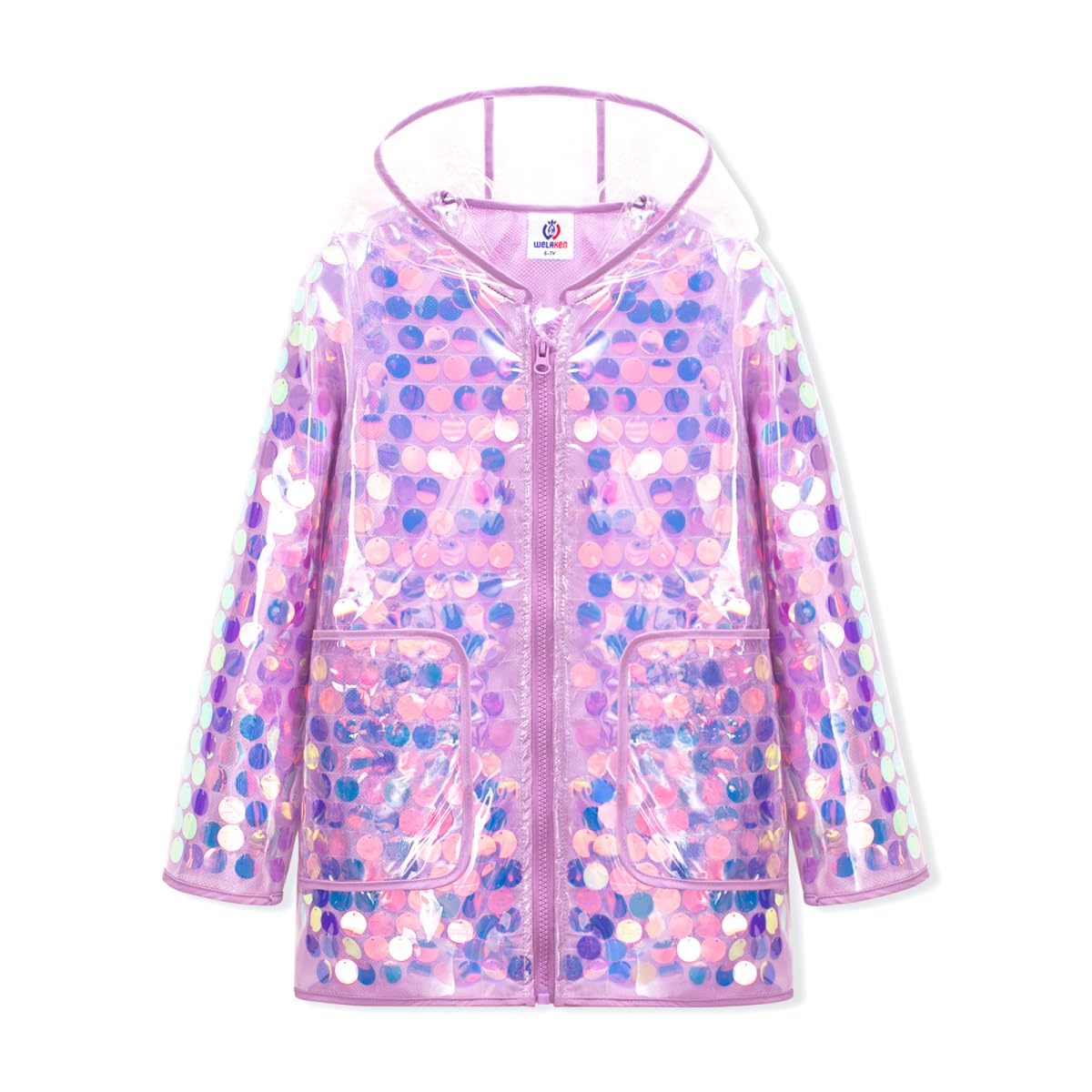 WELAKEN Girls Sequin Raincoat Waterproof Reusable Hooded Outwear Rain Jacket with Lining