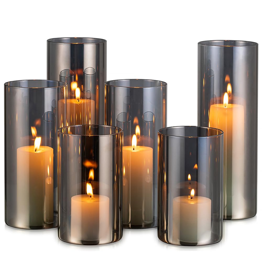 Hewory Świecznik szklany dekoracyjny czarny: 6 sztuk świeczników outdoorowych duży szklany cylinder na świece, świeczniki, dekoracja stołu, do salonu, nowoczesne - słoiki na świece pieńkowe,