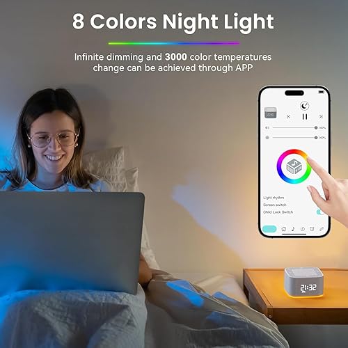 Miniatura 5 de Máquina de ruido blanco, máquina de sonido, reloj despertador, máquina de sonido de viaje, luces nocturnas para dormir, control de aplicación
