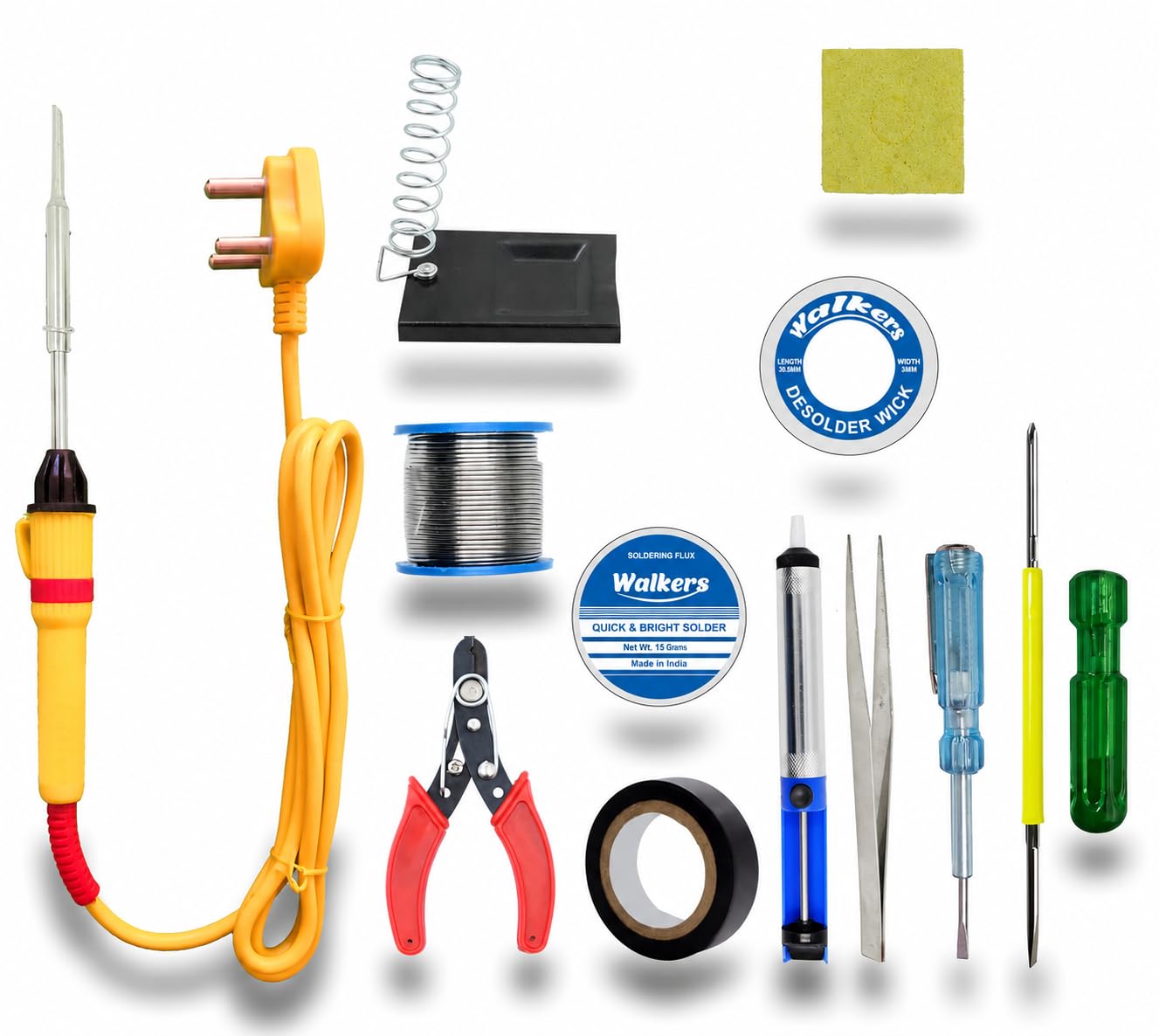 Walkers Basic 12in1 Complete 25W Soldering Iron Machine Tool Kit Set| Wire Cutter | Stand | Solder Wire | Tweezer | Soldering Flux | Wick | Tester| Pump | Tape | 2in1 Screw Driver | Sponge (Flat Tip)