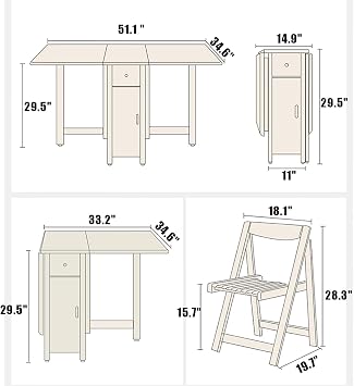Folding Table And Chairs,Drop Leaf Extension Dinner Table With Wheels And Drawer,Solid Wood Farmhouse Dining Table Set 5 Pieces,Space Saving Kitchen Island Table Chairs(Table and 4 chairs, White)
