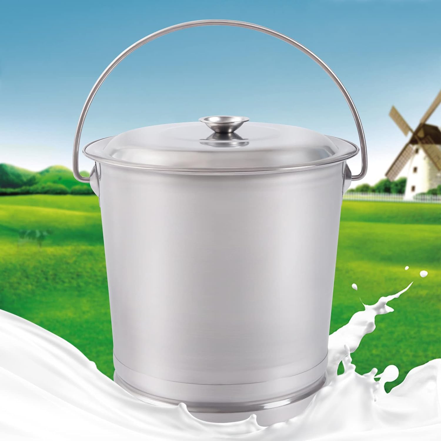 Stainless Steel Bucket, Milk Pail Bucket with Lid and Handle 14 L / 14.8 Qt Kitchen Compost Bin Cleaning Bucket