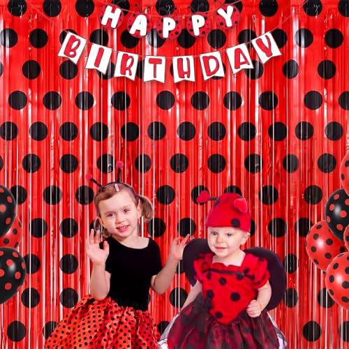 Image of Tiamon 2 Pack Ladybug Party Decorations 3.3 x 6.6 Ft Foil Fringe Curtains Backdrop Black and Red Polka Dots Tinsel Streamers Photo Booth for Baby Shower Birthday Party Supplies