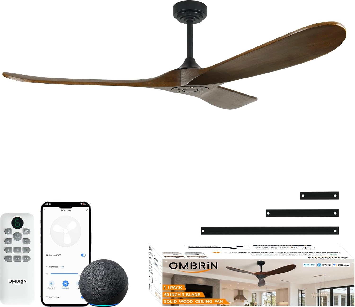 60" Wood Ceiling Fan no Light, Smart Ceiling Fans without Lights with Alexa Google App, Indoor Outdoor Ceiling Fan no Light for Bedroom Porch Modern Propeller 3 Blade High CFM Motor, Bronze