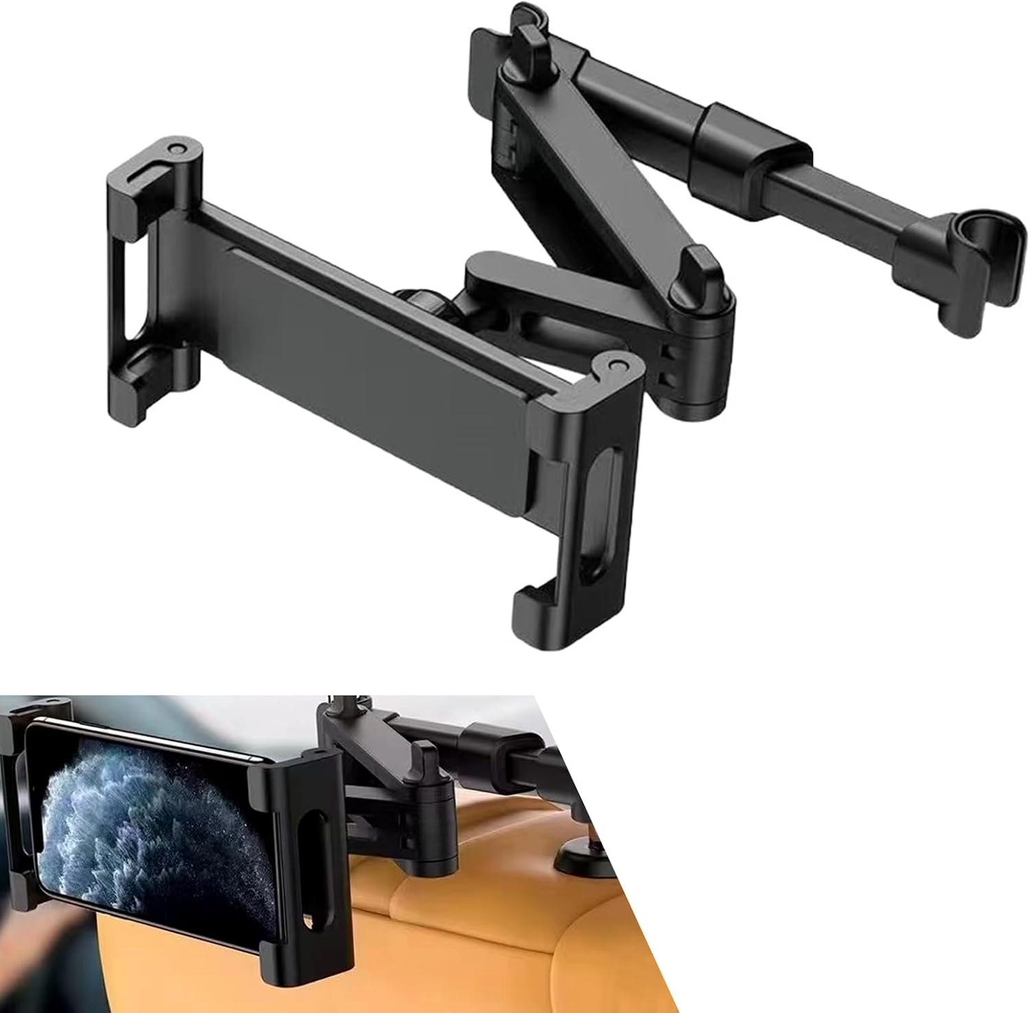 Car Headrest Tablet Holder, (3 in 1 Extension Arm) Adjustable Rear Seat Headrest Tablet Holder for Gaming Movies Chatting, Road Trip Essentials for Kids (5.3-10.6")