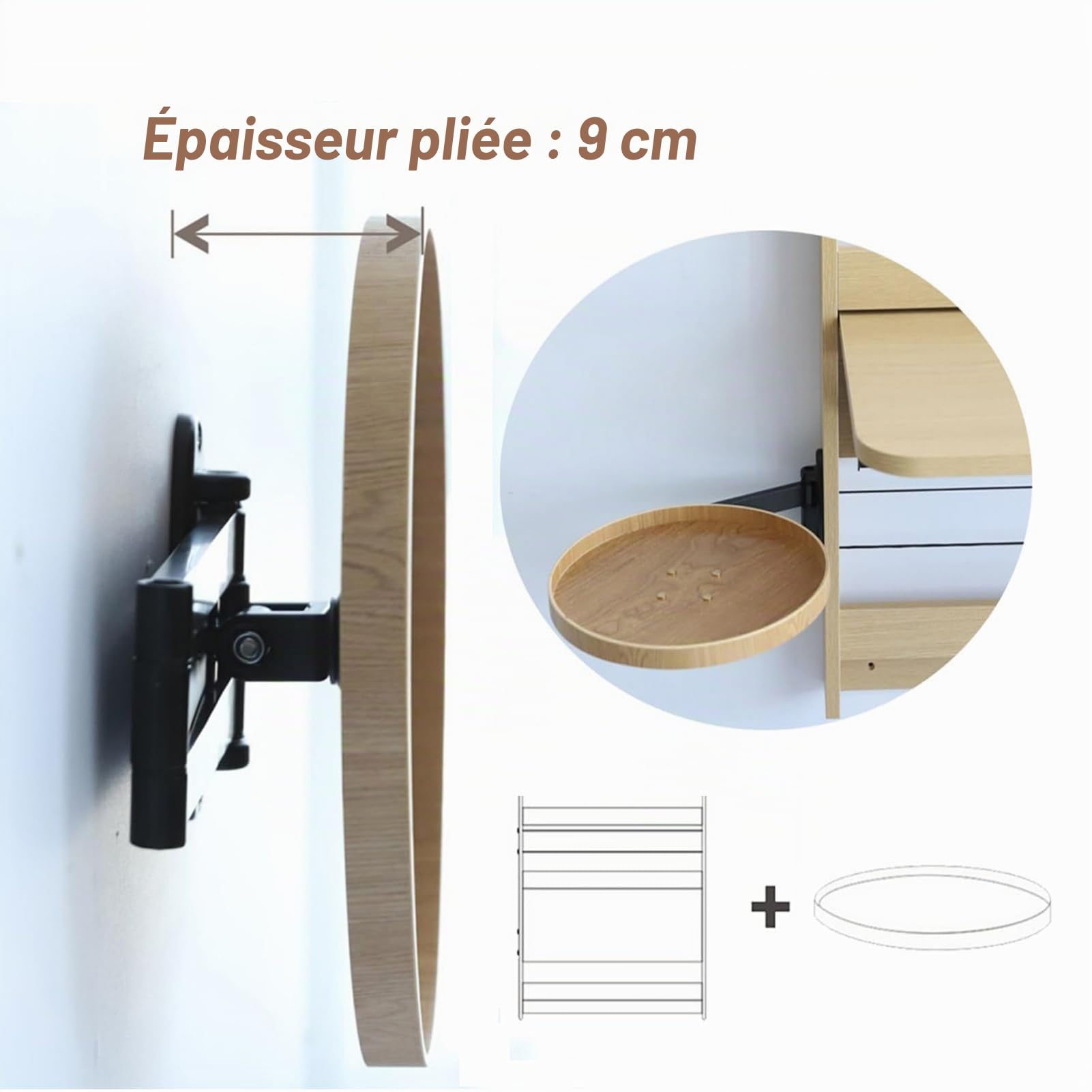 Table Ronde à Montage Mural - Pivotant à 180 ° - Petite Table de pub pour Table de Chevet, Maison, Cuisine, Chambre à Coucher