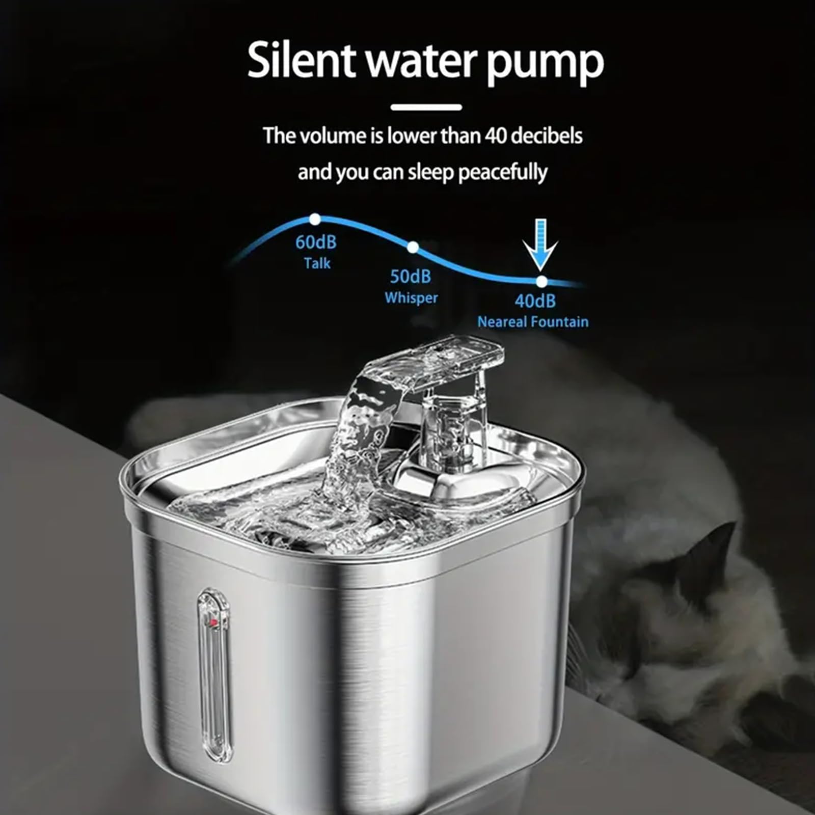 2.2L Fuente para Gatos De Acero Inoxidable, Bebedero Gatos Automática con Bomba Silenciosa, Sensor Automático, Fuente De Agua para Gatos, Diseño del Grifo, Multi-Filtración