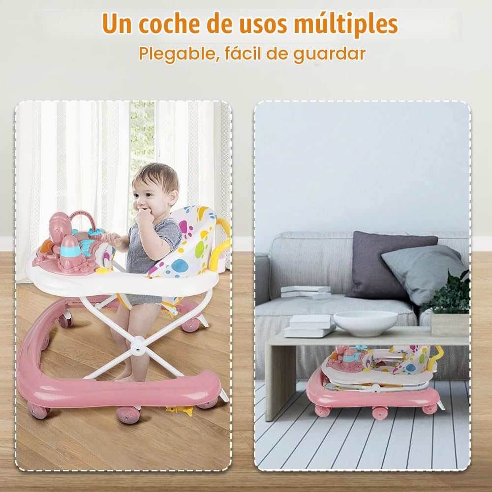 5 en 1 Andador Bebé con 5 Alturas Ajustables, Andador Bebe Plegable con Bandeja de Actividades Musical Desmontable, De 6 a 18 meses, hasta 12 kg (5 en 1,62 x 68 x 36-81 cm, rosa)