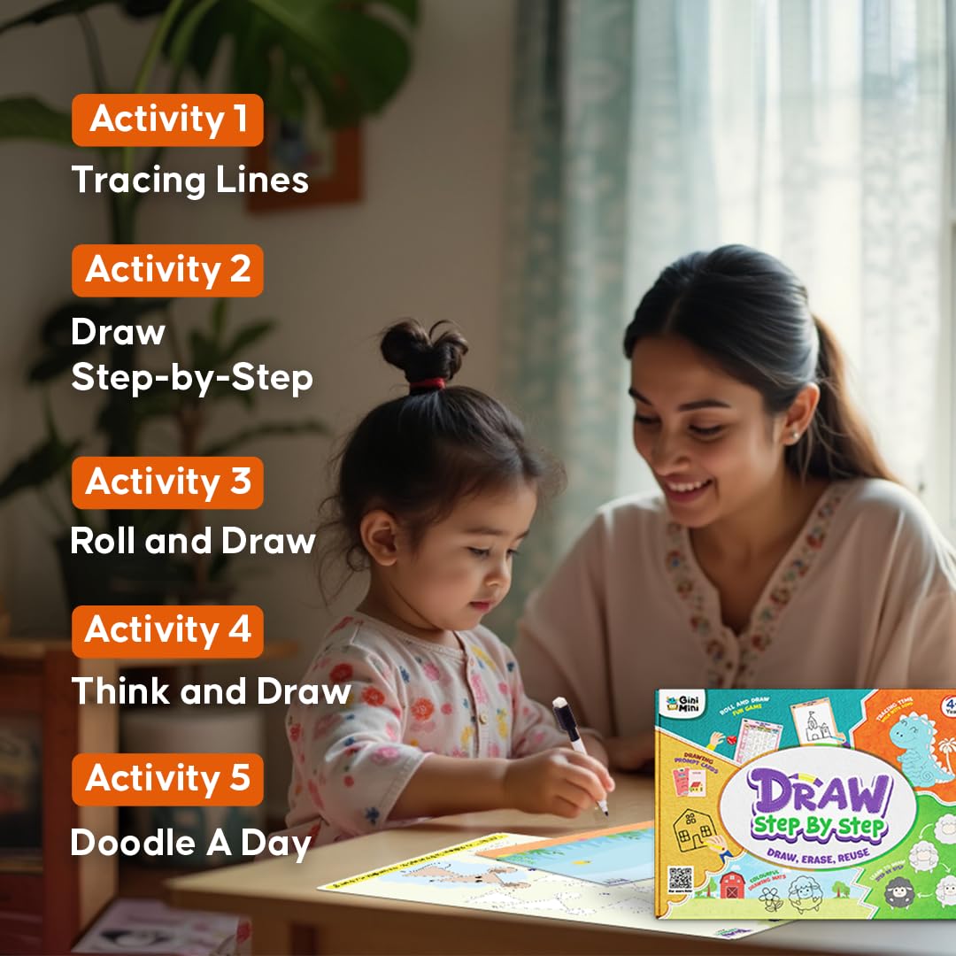GiniMini Draw Step by Step Kit for Kids 4+ | Learn to Draw with 60+ Shapes & Tracing Practice | Reusable Travel-Friendly Art & Doodle Kit | Creative Educational Gift for Boys & Girls 2