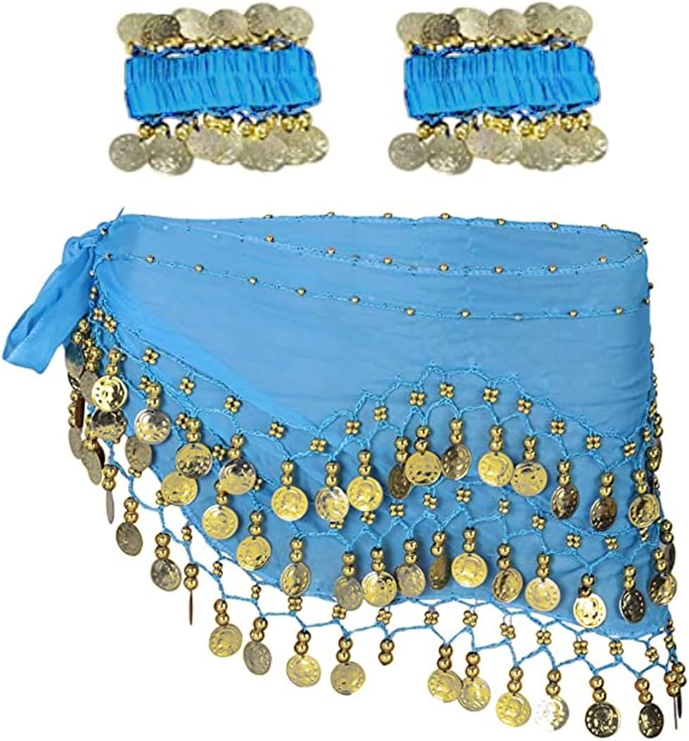 Belly Dance Hip Scarf with Bracelet, 128 Coins Belly Dance Skirt Wrap Belt with Wrist Ankle Bracelets, Dance Skirt Belt Waist Chain for Belly Dance, Zumba or Yoga Class, Performance Costume