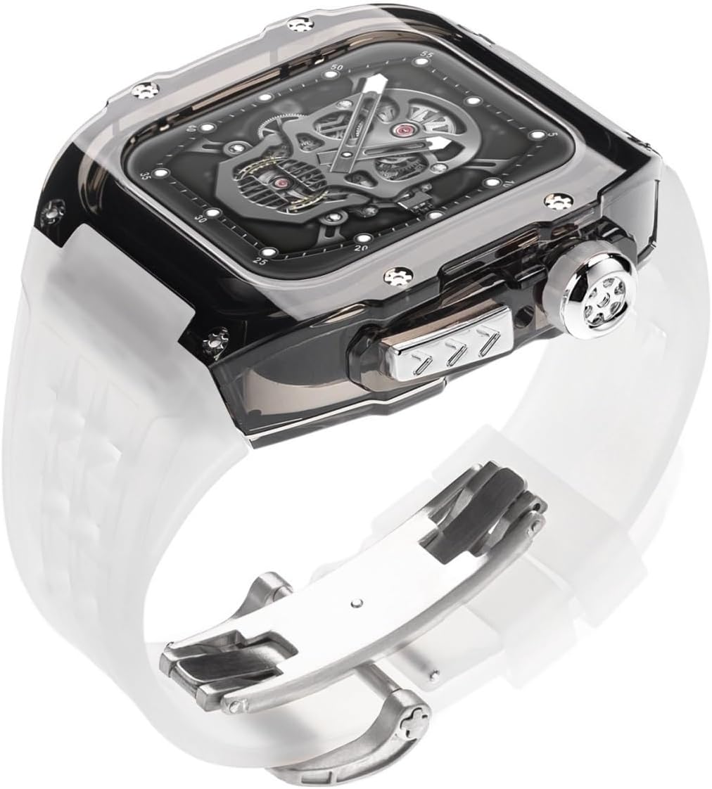 Transparent Bezel Case Silicone Watch Band，For Apple Watch 44MM 45MM 8 7 6 5 4 SE Series，Rubber Watch Strap Cler Case Sports Mod Kit