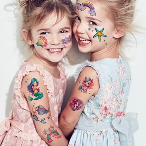 Miniatura 4 de CHARLENT Tatuajes temporales de sirena con purpurina para niñas, 12 hojas de tatuajes temporales con purpurina para niñas, regalos de fiesta de
