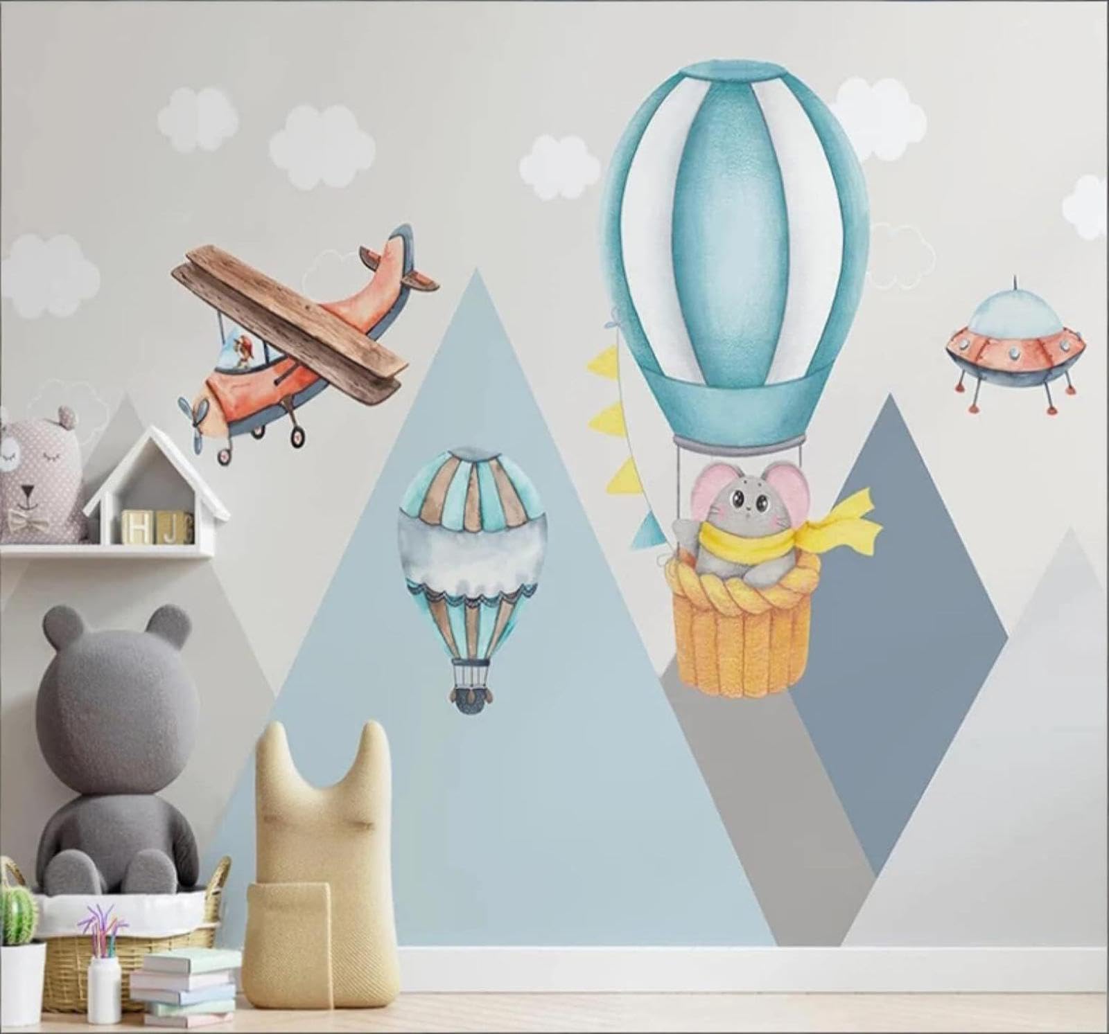 XLMING Hand Drawn Cartoon Mountains Hot Air Balloon Aeroplane 3D Wallpaper Luxury Silk Study Dining Feature Sofa Grey Bedroom Living Room Tv Decorative Wall-250cm×170cm