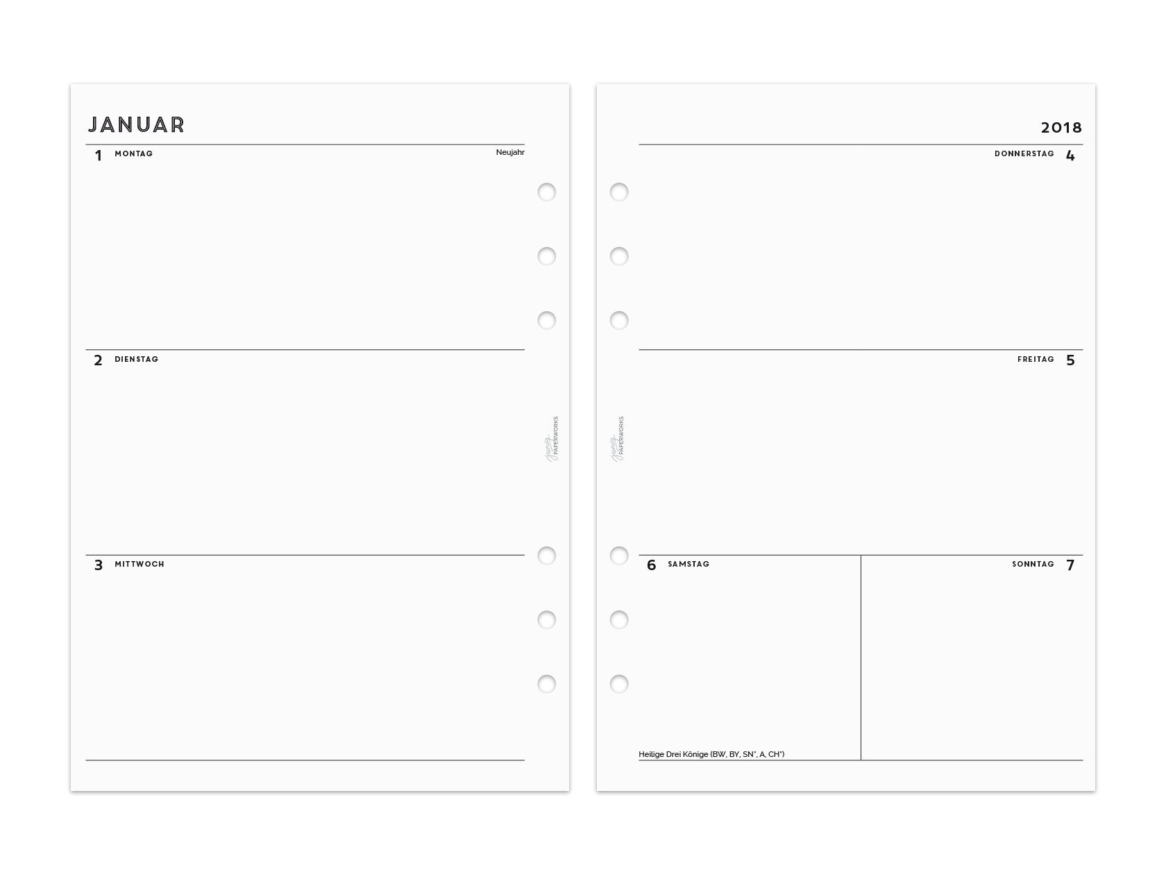 2017/2018 A5 Calendar Filofax Inserts 1 W/2S – Simple – B/W