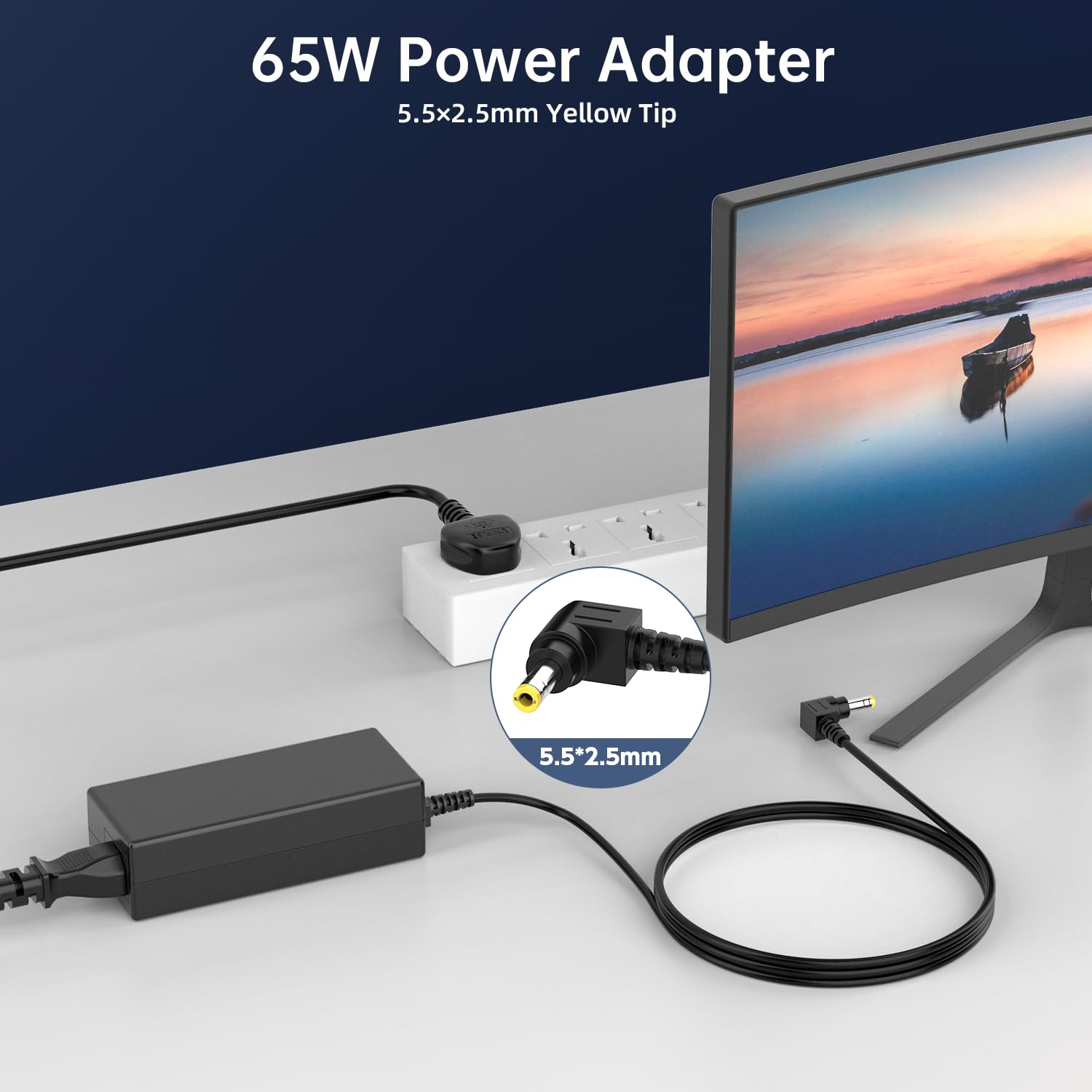 65W 19V 3.42A Power Adapter for HP Pavilion Monitors, Compatible with 24f 24fw 24fh 24ea 24es 24er 22f 22fw 27f 27fw 24mh 27mh 22cwa 22xw 27xw 25xw, 5.5x2.5mm Yellow Right-Angle Plug, UK Plug — view 2