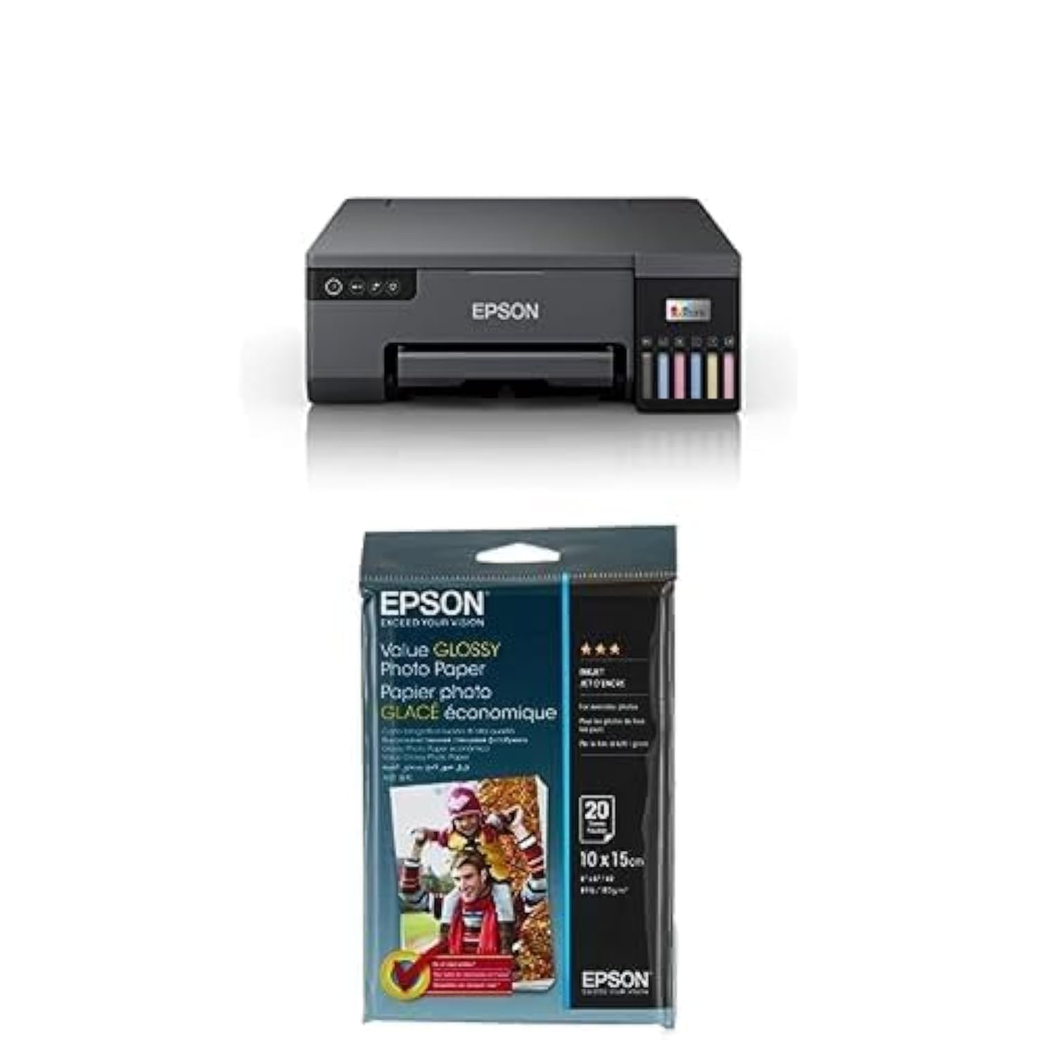 EpsonEcoTank L8050, 6-colour A4 photo printer WiFi connected, with Smart App connectivity + EPSON Value Glossy Photo Paper - 10x15cm - 20 sheets