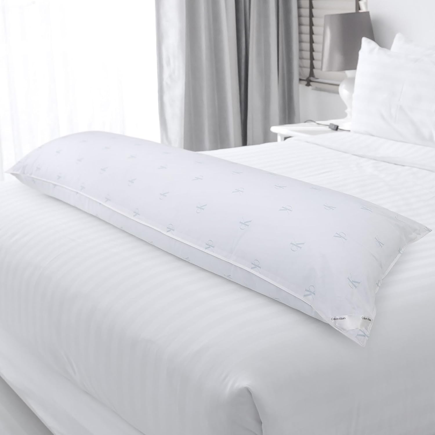 Calvin Klein Monogram Medium Support 20" x 54" Full Body Pillow for All Sleepers, 100% Breathable Cotton Cover in White