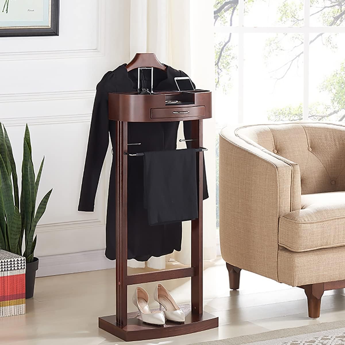 Multifunctional Suit Valet Stands with Drawer and Top Tray Clothes Rack with Metal Hook for Tie & Belt Contour Hanger for Women and Man, with Trouser