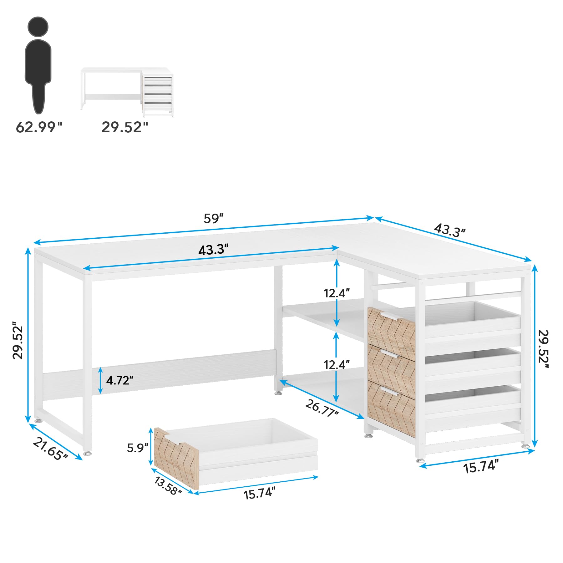 Tribesigns Schreibtisch mit 4 Schubladen, L-förmiger Computertisch mit 2 Ablagen, Reversible Eckschreibtisch für Büro,Arbeitszimmer, Wohnzimmer,155×110×75cm (weiß)