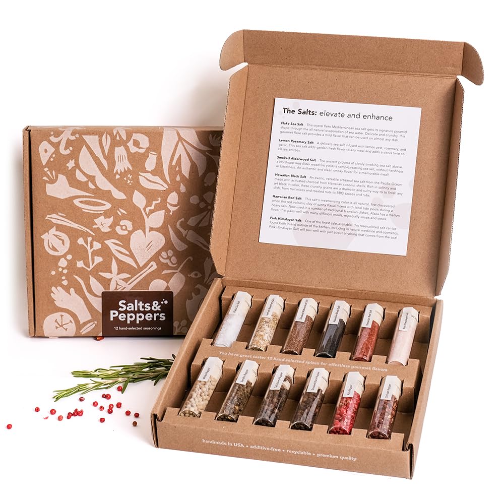 Coffret Cadeau Sels & Poivres de Craftly | Coffret d'épices et d'assaisonnements pour la cuisine | 6 sels & 6 poivres - Himalaya, Hawaï, Romarin citronné & plus | Coffret cadeau pour hommes & femmes