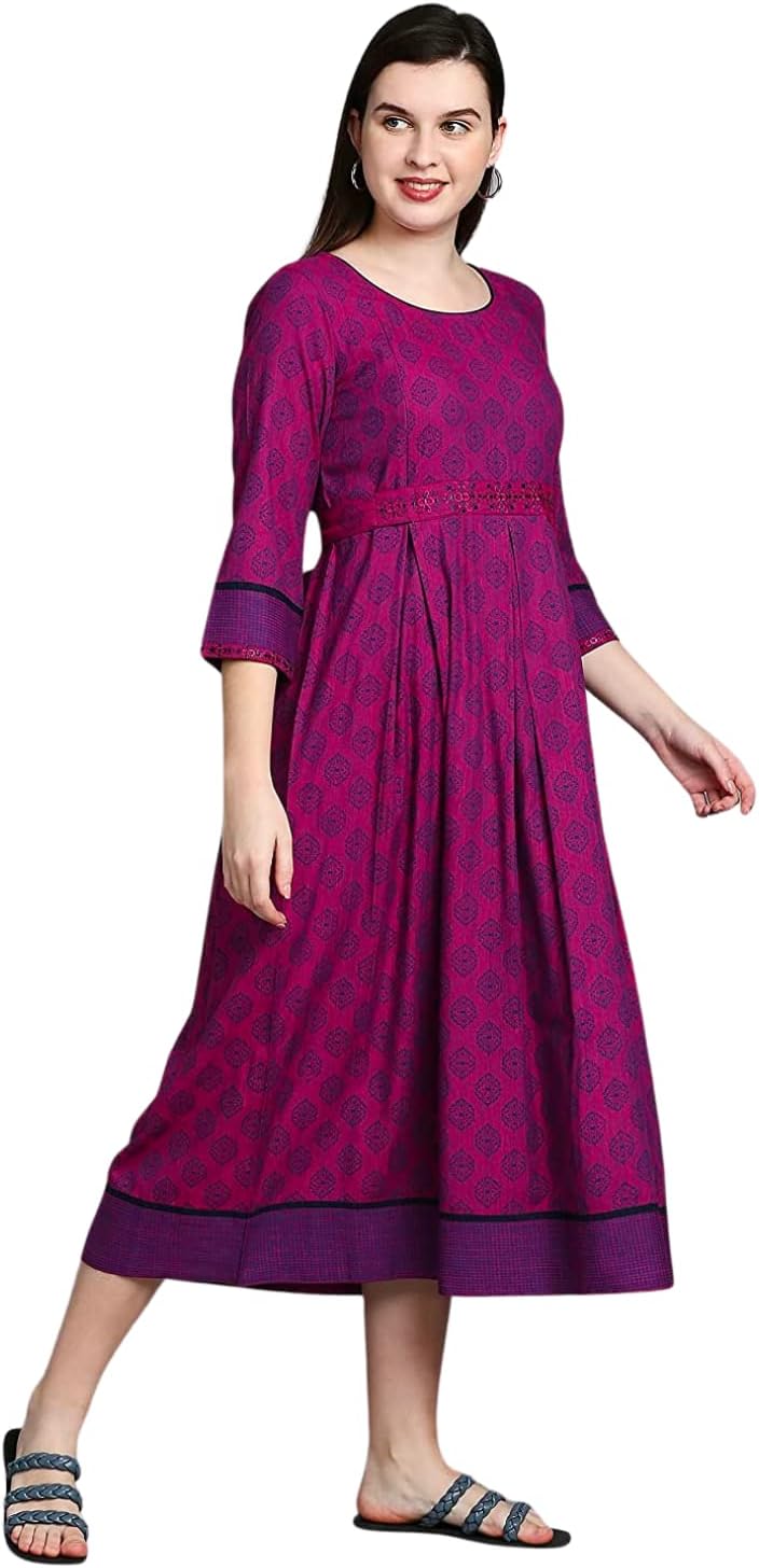DUMMY SHAPEMaternity Gown for Women | Feeding Flare Kurta with Dual Nursing Zippers for Pre & Post Partum | Maternity Dresses for Women Cotton