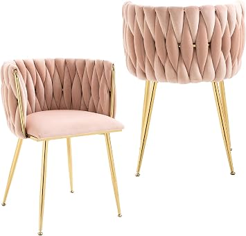 NIOIIKIT Modern Velvet Dining Chairs Set of 2 Hand Weaving Accent Chairs Living Room Chairs Upholstered Side Chair with Golden Metal Legs for Dining Room Kitchen Vanity Living Room Pink