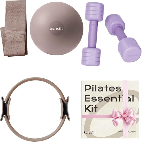 Juego de mancuernas ajustables moradas de 2 a 5 libras y kit de pilates gris pardo
