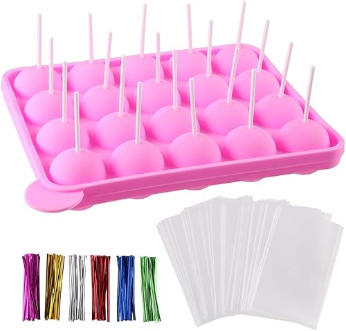 CCINEE Molde de silicona para tartas con 20 cavidades con 30 bolsas de celofán transparente, 20 palitos de piruleta y 30 lazos giratorios en 6