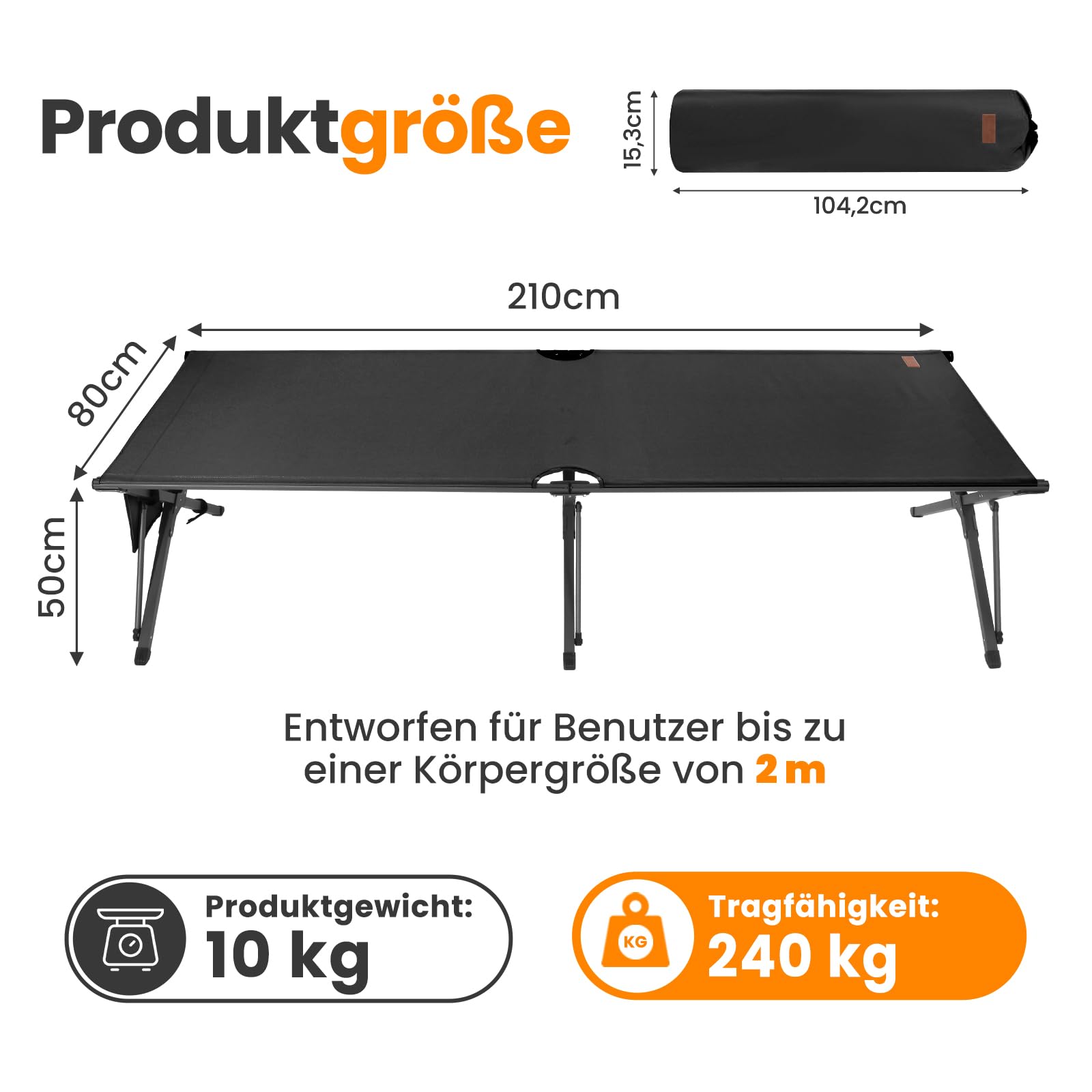 Homecall Feldbett Klappbar für Erwachsene Bis 240 kg, für Personen Bis 210 cm, Stabiles Militär-Campingbett Faltbar mit Tragetasche, Tagbares Campingbett für Camping, Reisen, Gäste & Notfäll