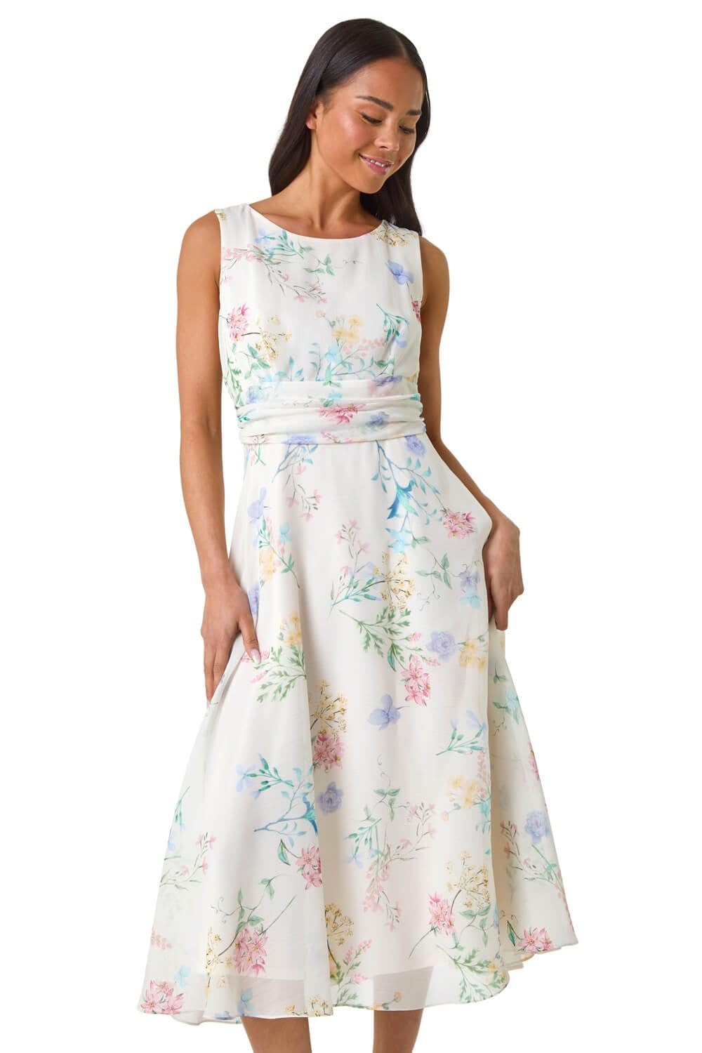 Roman Women's Ivory Petite Floral Gathered Waist Midi Dress In | Size: 16