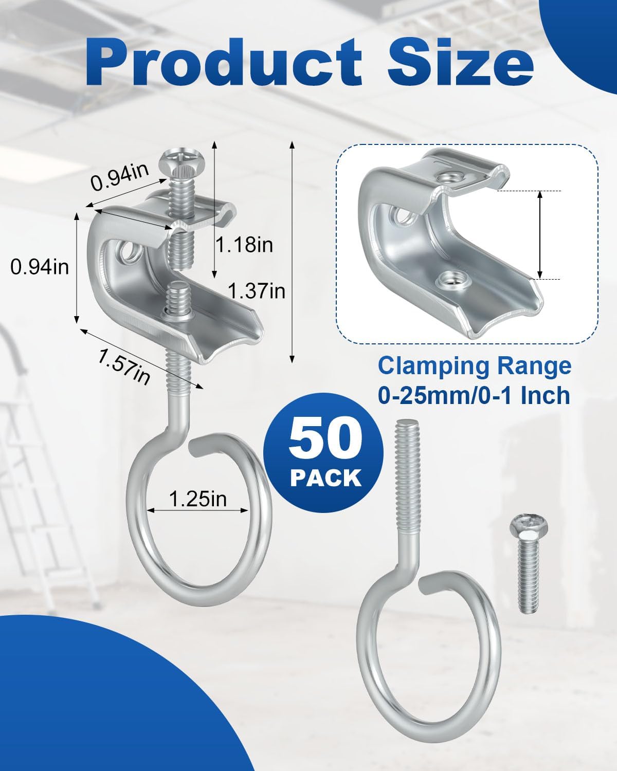 50Pack 1/4" x 20 Beam Clamps Steel Small C Clamp with Screws Rings, Metal Cable Clamp with Threaded Bridle Rings Hangers for Pipe Cable (1 1/4 Inch Bridle Ring)