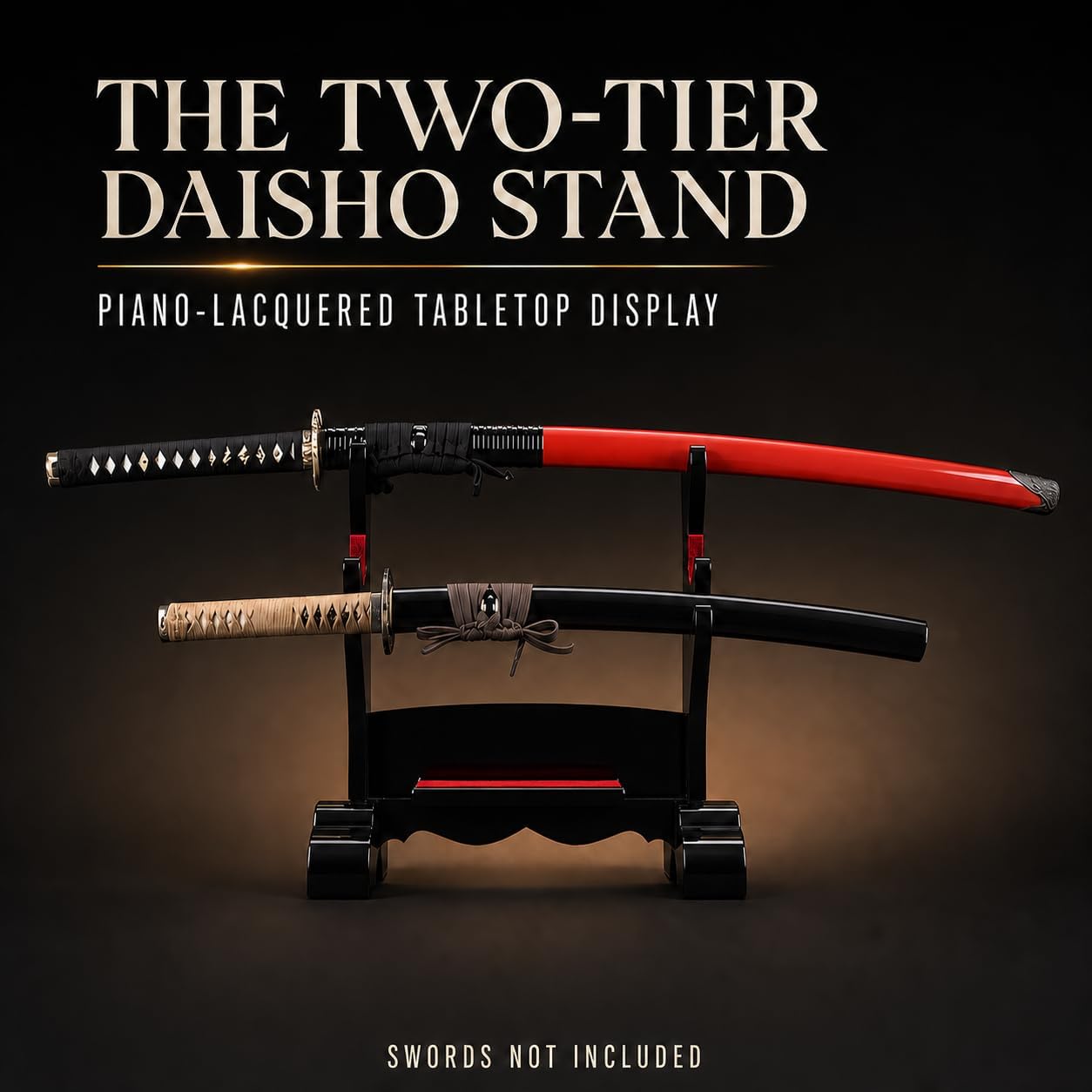 HMS Black Piano Lacquered Wood Katana Stand, 2-Tier Table & Wall Display image 2