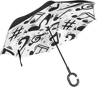 Mnsruu Paraguas invertido de Doble Capa, Color Blanco y Negro, con Notas Musicales, Plegable, Resistente al Viento, protección UV, para Uso en Coche, Lluvia, Exterior, con Mango en Forma de C