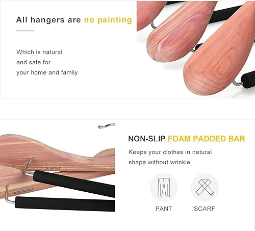 Miniatura 4 de TOPIA HANGER Perchas de madera de cedro rojo americano sin terminar, perchas de ropa de madera de lujo, hombro ancho con barra acolchada negra para