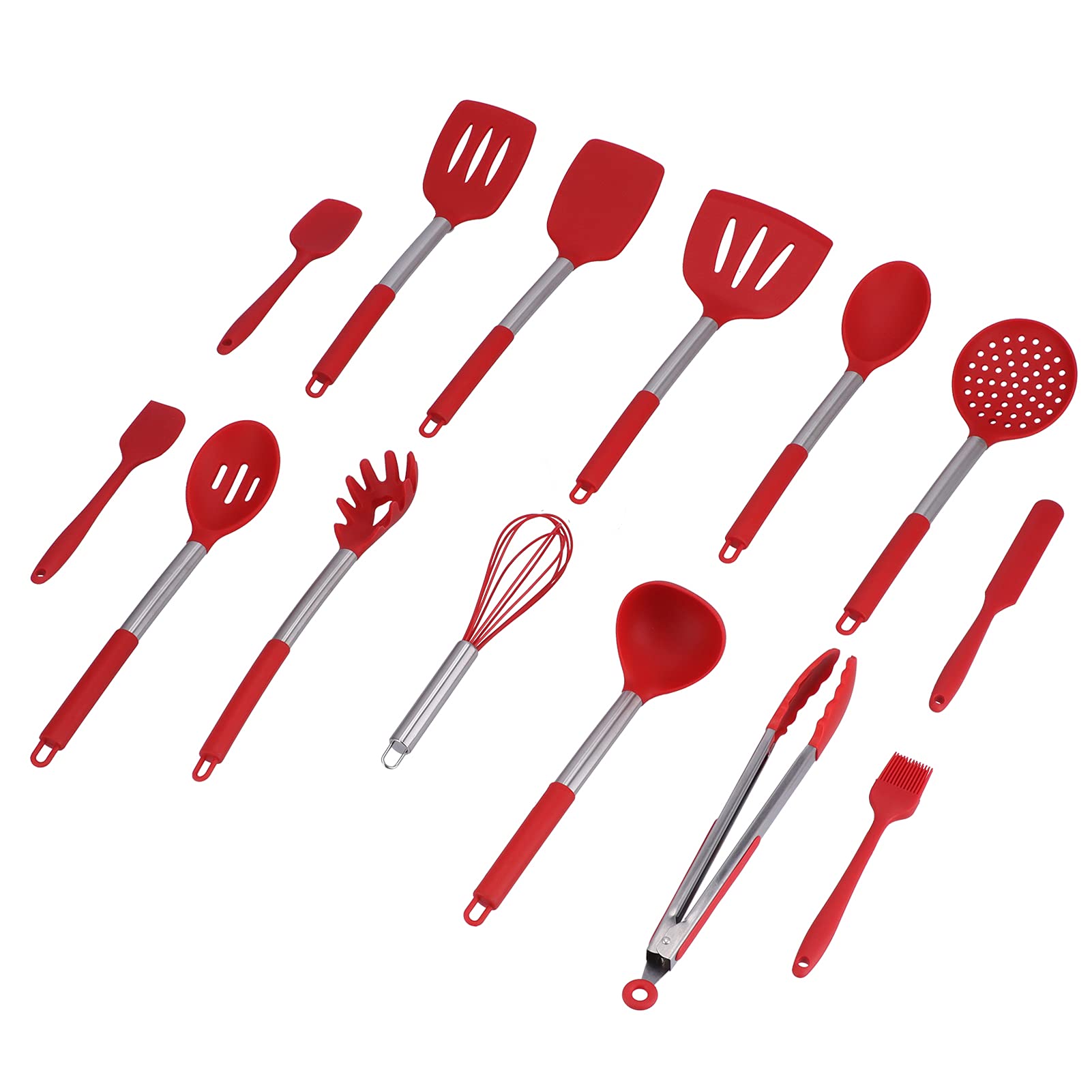 15-teiliges Silikon Küchenutensilien Set mit Edelstahlgriff, Pfannenwender, Schöpflöffel, Kochlöffel, Küchenhelfer für die tägliche Küchenarbeit (all red)