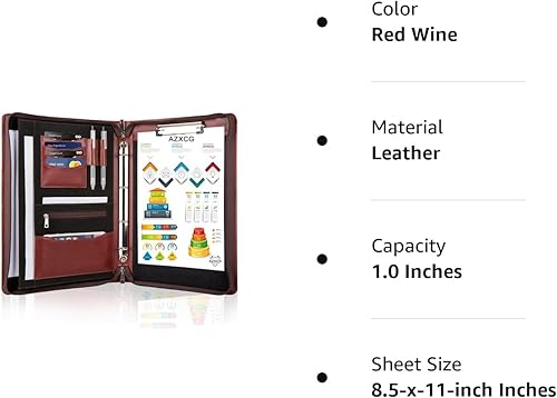Miniatura 8 de AZXCG Padfolio con carpeta de 3 anillas, cartera de cuero genuino para mujer, carpeta profesional de cuero para negocios, con cremallera A4tamaño