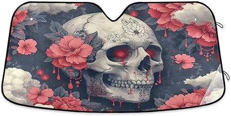 ALAZA Sugar Skull Flower Sylish Retro Car Windshield Sun Shade Blocks UV Rays Sun Visor Protector Foldable Sun Shield