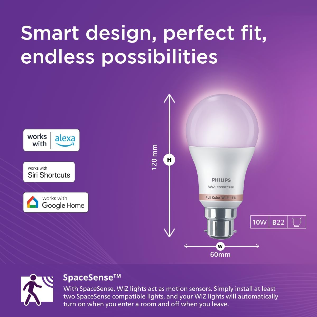 PHILIPS WiZ 10W B22 Wi-Fi & Bluetooth LED Smart Bulb with Music Sync, Compatible with Amazon Alexa & Google Assistant, 16 Million Colours & Motion Sensing Technology | Pack of 1
