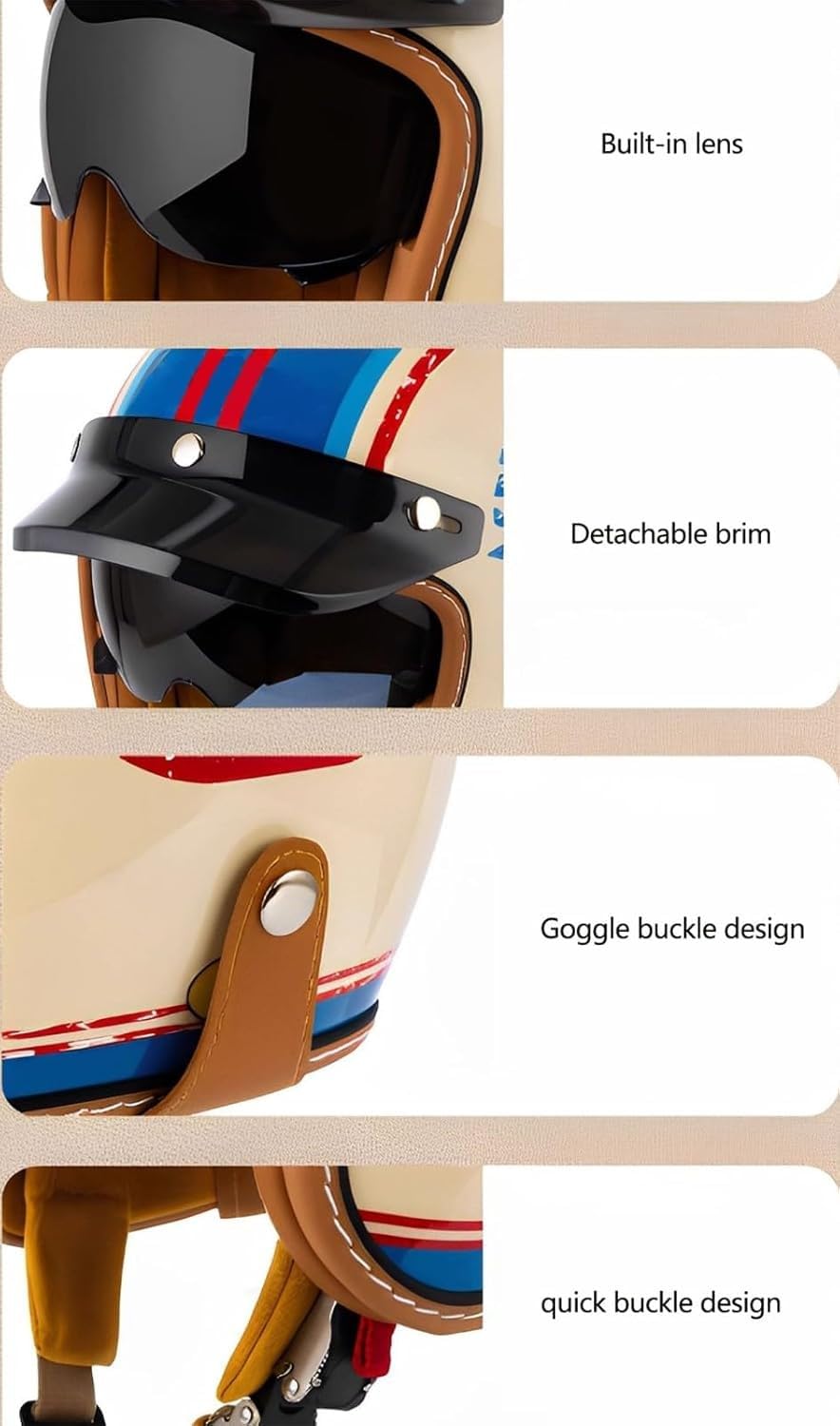 Retro-Jet-Motorradhelm, ECE- und DOT-geprüft, klassischer Vintage-Jethelm mit Visier, Unisex-Mopedhelm für Damen und Herren D,XXL=61-63cm